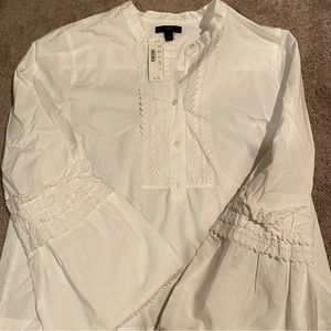 JCREW sz 10 WHITE POP-OVER BLOUSE. RUFFLE EMBELLISHMENTS & BELL SLEEVES. NWT